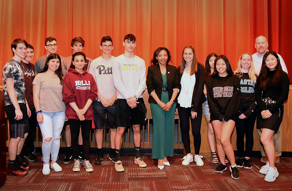 Secretary of State Tahesha Way speaks at Wayne Hills High School