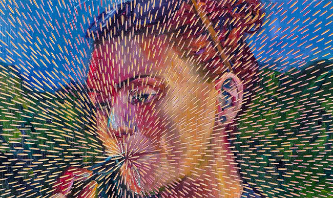 A portrait of a women with her hair in a bun, painted against a blue sky and green background.