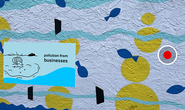 Augmented reality mural of the ocean with fish appearing to swim off the wall with a graphic that reads, “pollution from buinesses