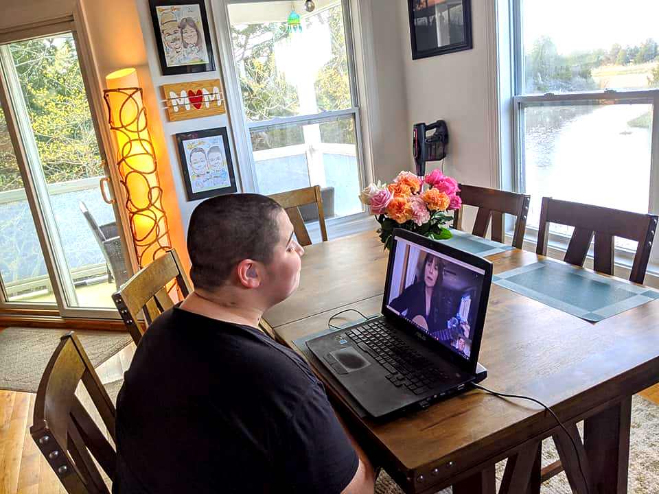 Homebound participant, Liam Beller, in a virtual session with Valerie Vaughn, Spring 2020.
