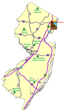 Map of New Jersey locating the  scenic byways