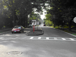 A temporary curbed island near a school in Westfield