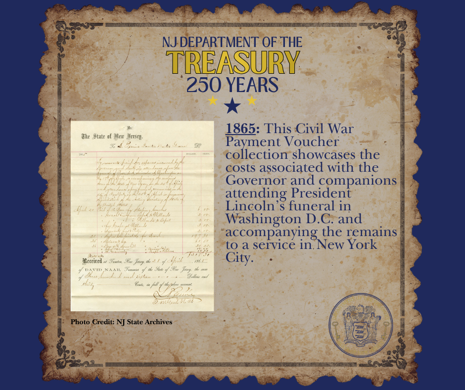 1865: This Civil War Payment Voucher collection showcases the costs associated with the Governor and companions attending President Lincoln’s funeral in Washington D.C. and accompanying the remains to a service in New York City.