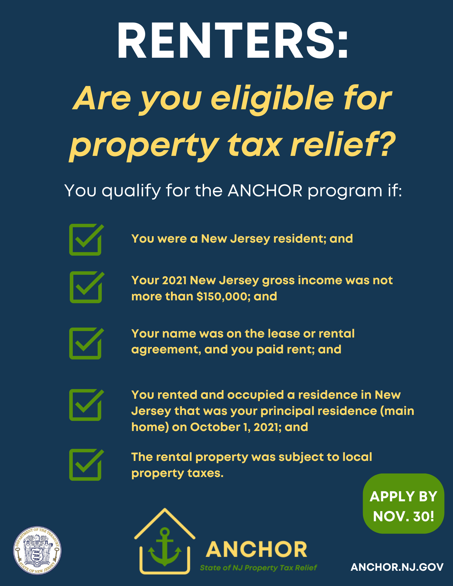 Department of the Treasury ANCHOR State of New Jersey Property Tax Relief Program